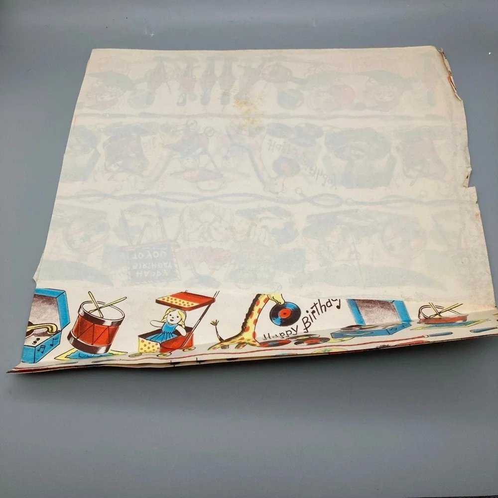 Vintage Child's Birthday Partial Sheet of Paper Gift Wrap Doll Soldier Balloons